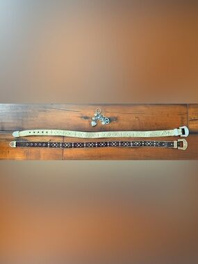 Kathy Van Zeeland Studded Brown and Cream Leather Belts with Charm Set